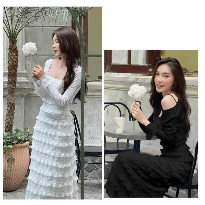 Sét váy hai dây maxi đáng dài kèm áo khoác cadigan phối bèo ngang sang trong quý phái đi dự tiệc đi chơi .SB130XM