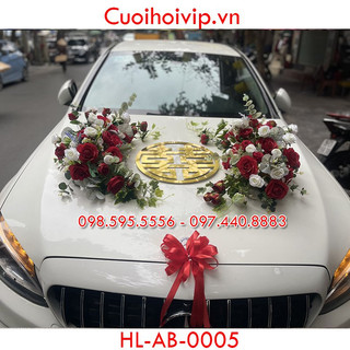 Hoa lụa trang trí xe dâu, xe cưới - hl-ab-0005 - trọn bộ đầy đủ kèm chữ hỷ, tặng 8 nơ