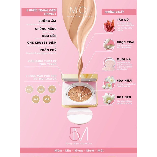 Phấn Nước trang điểm chính hãng M.O.I Baby Skin Cushion SPF 50+ PA+++ Siêu mịn, càng dùng càng đẹp
