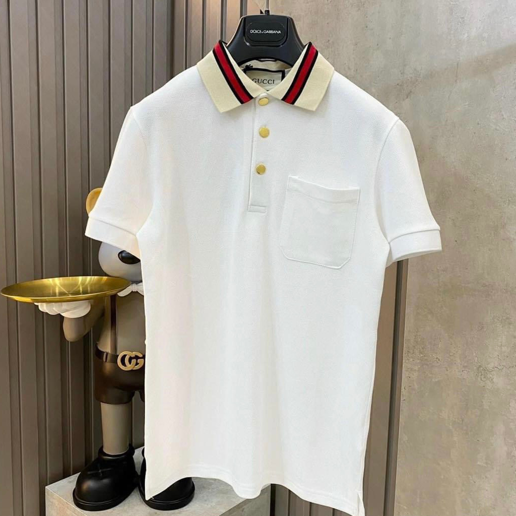 Áo polo Gc phối sọc đỏ cổ áo cúc vàng lấp lánh siêu đẹp - Áo polo nam chất liệu cotton 100%
