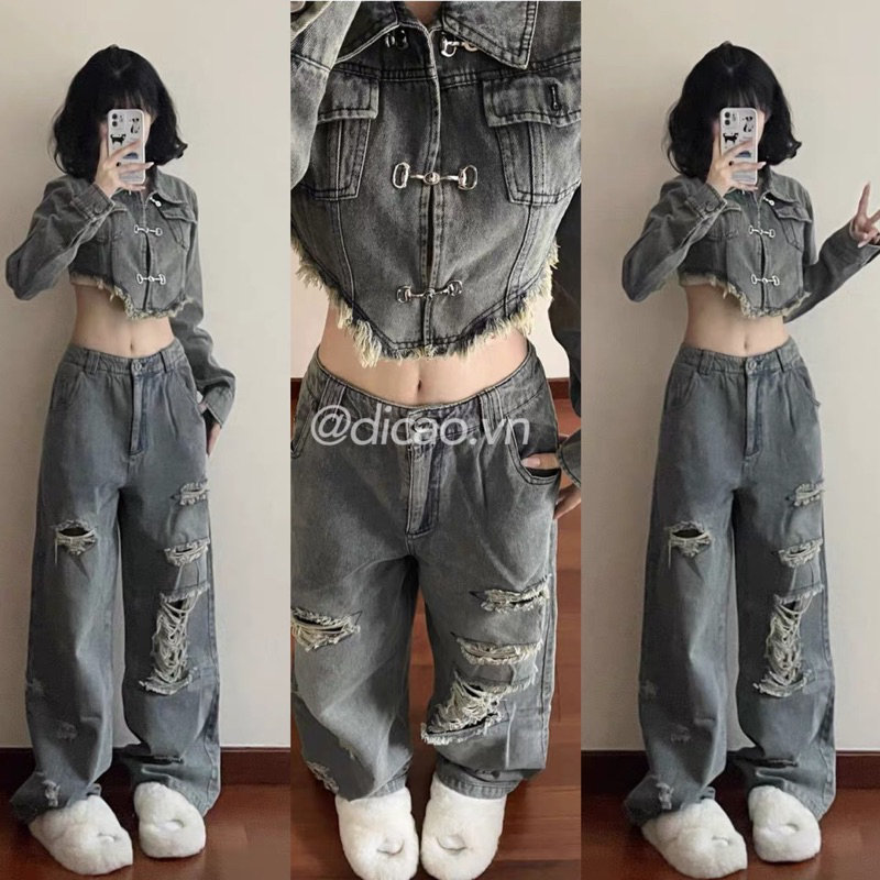 TÁCH SET ÁO CROPTOP BÒ DENIM + QUẦN BÒ RÁCH CÁ TÍNH [ Hàng Có Sẵn Ship Liền ]
