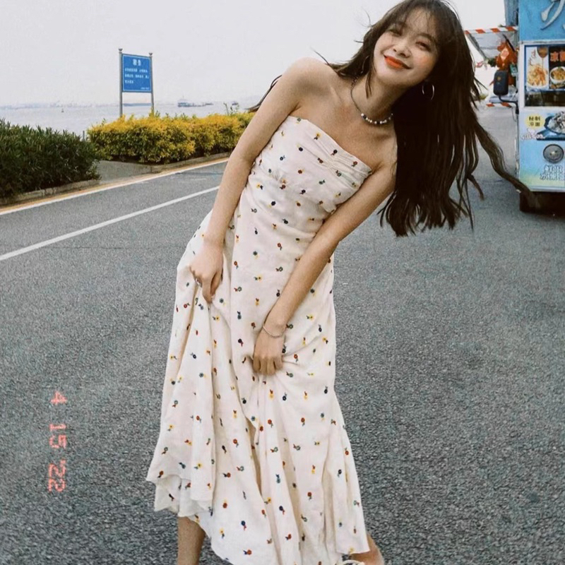 Đầm Ống Lưng Cao Thêu Họa Tiết Xinh Xắn Dành Cho Nữ Đầm hoa nữ, Váy không dây dáng xoè màu trắng đi tiệc, chụp ảnh