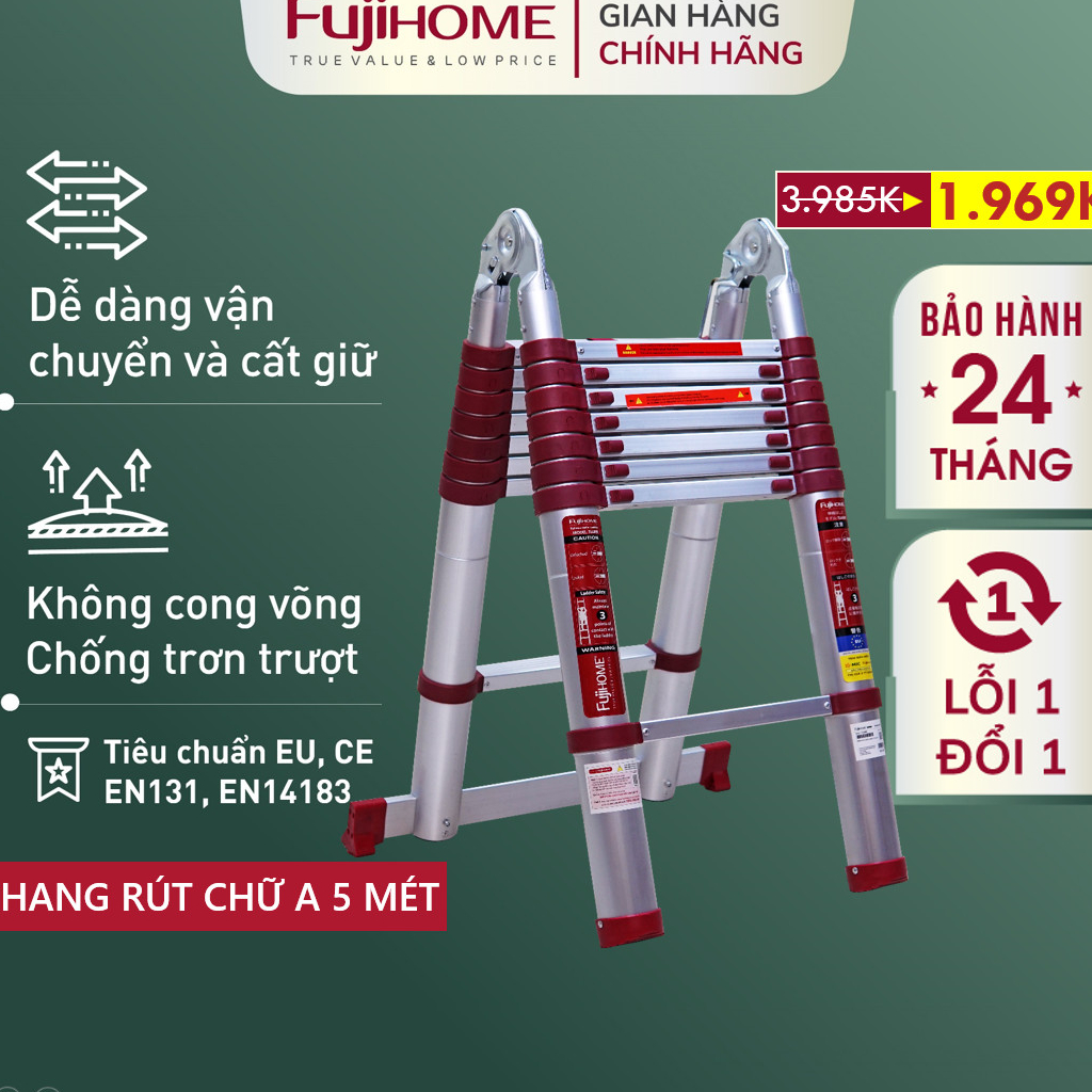 Thang nhôm rút chữ A gấp gọn Nhập Khẩu 4,4M - 5M chính hãng FUJIHOME, thang xếp gọn gia đình Nhật Bản