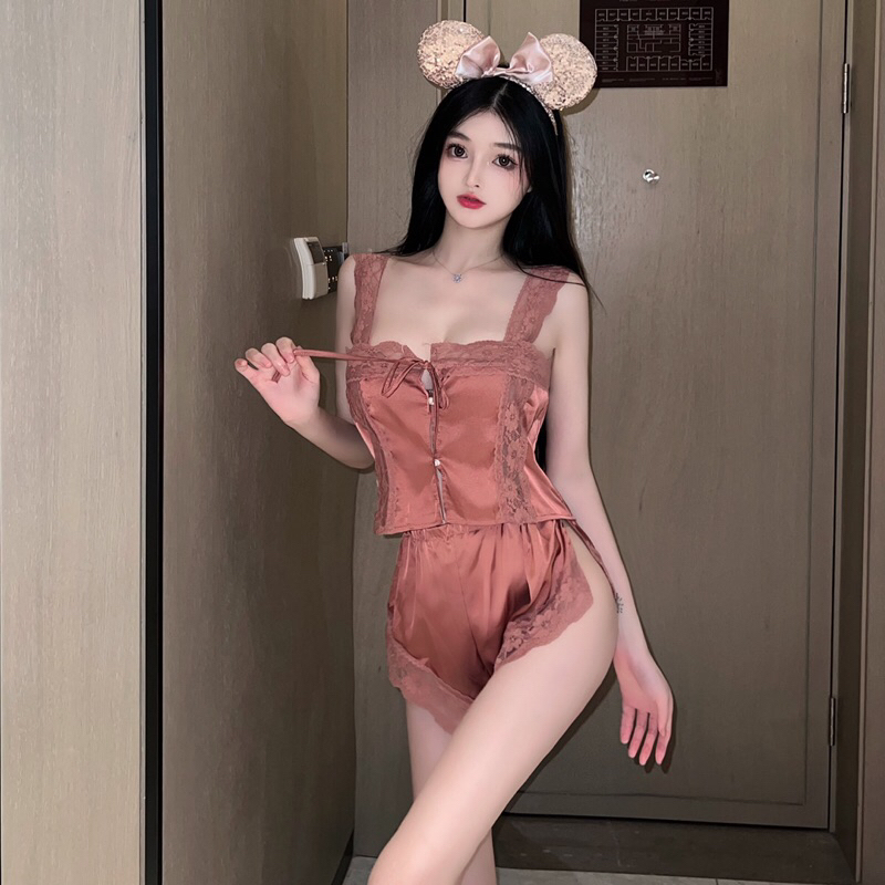 [ HÀNG ĐẸP, LOẠI 1 ] Đồ Ngủ, Đồ Bộ, Set Áo 2 Dây Nút Ngọc Quần Đùi Lụa Satin Xẻ Đùi Siêu Cưng Mainia Shop