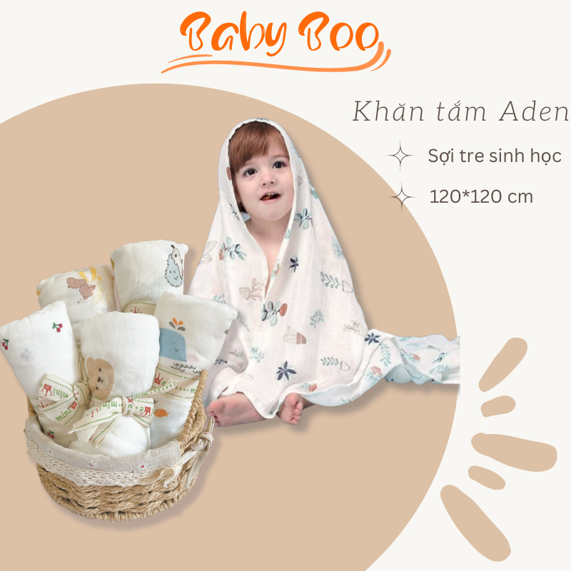 Khăn tắm cho bé Aden, khăn xô tắm cho bé sơ sinh sợi tre 2 lớp kích thước 120x120cm siêu mềm - Babyboo