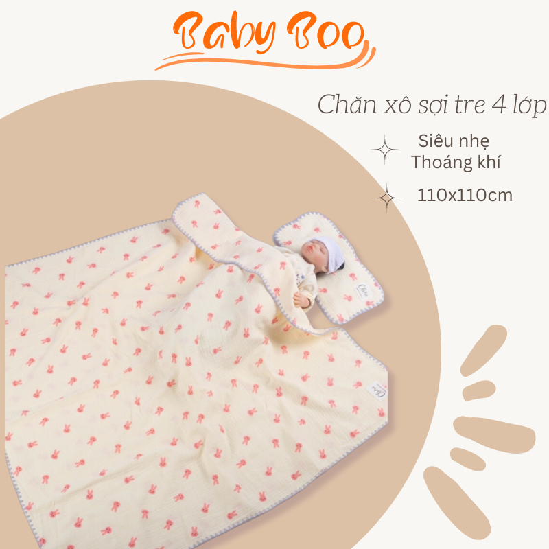 Chăn xô sợi tre 4 lớp 110x110cm siêu nhẹ thoáng khí, chăn đắp 4 mùa mềm mịn, an toàn cho bé Babyboo