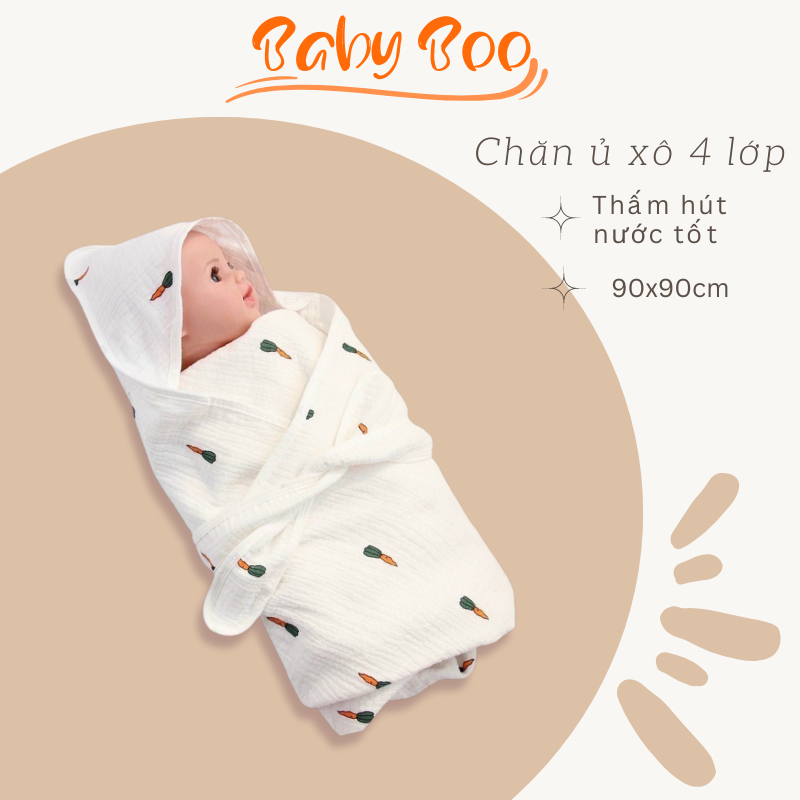 Chăn ủ xô 4 lớp có mũ có đai cho bé sợi vải Muslin hàng cao cấp, chất vải mềm thấm hút nước tốt cỡ 90x90cm-babyboo