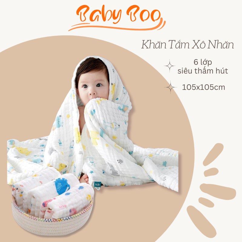 Khăn tắm 6 lớp xô nhăn cho bé, Khăn tắm cho bé chất liệu vải xô mềm mịn,siêu thấm hút 105x105cm Babyboo