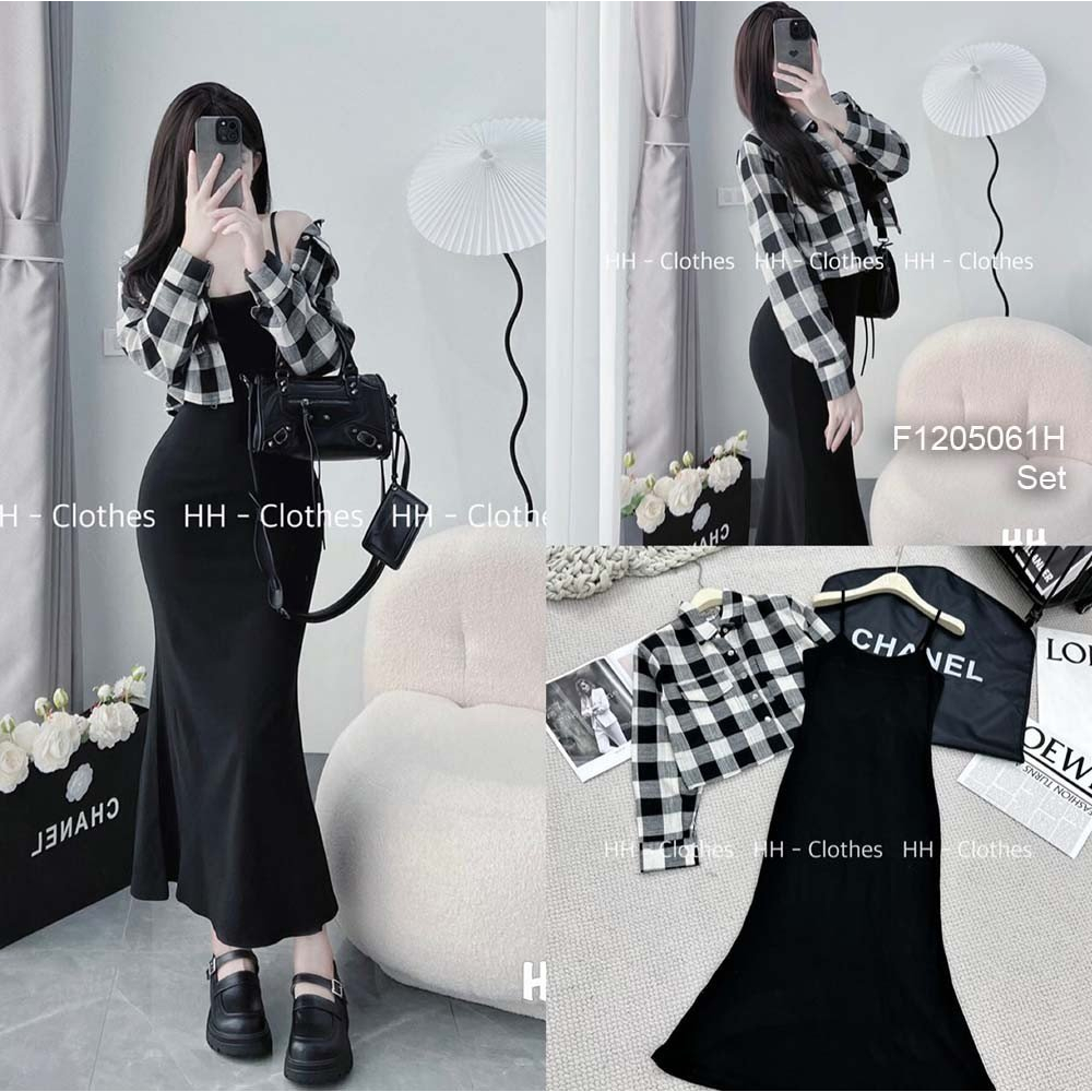 Set áo khoác sơ mi caro croptop ngực đắp túi nắp tay dài kèm đầm body đen 2 dây!