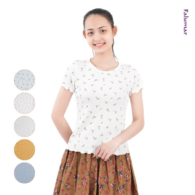 Áo phông nữ falumar, áo thun nữ cotton vải tăm hoa nhí co dãn 4 chiều mát mẻ, thiết kế ôm body duyên dáng nữ tính