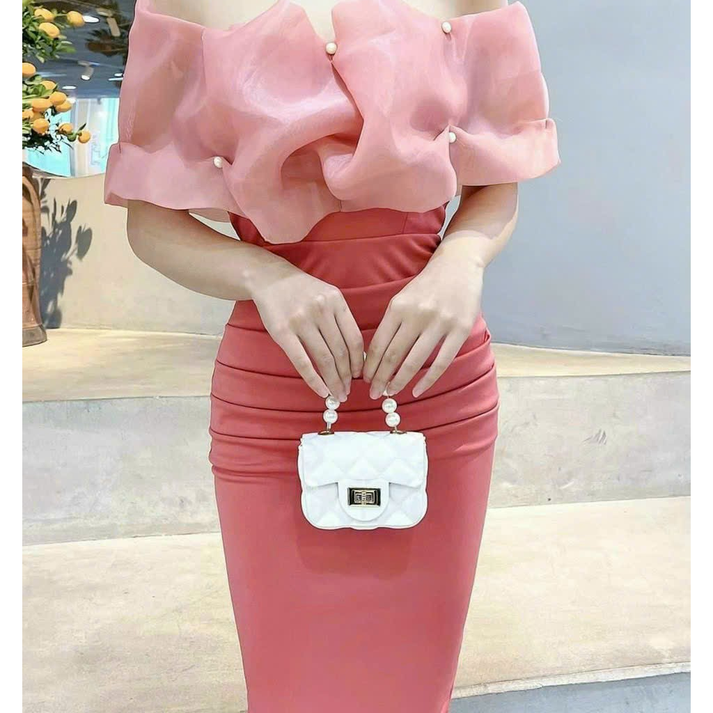 Đầm dự tiệc body thời trang nữ sang chảnh chất umi cổ trễ vai phối ren hoa ngực dáng váy dài ôm maxi siêu xinh