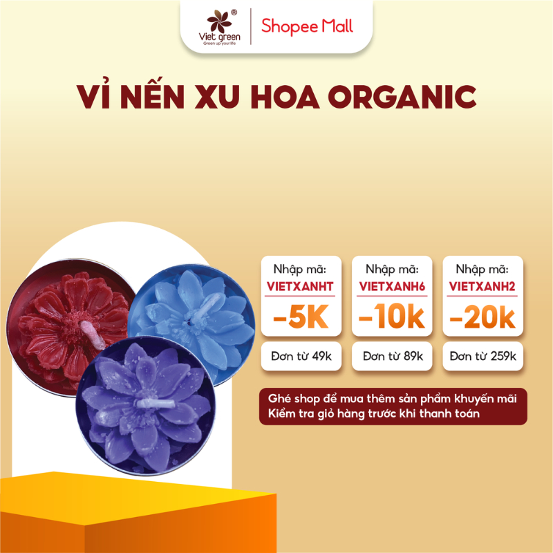 Nến Hoa Tealight VIỆT XANH Nến Bơ Hữu Cơ Đốt 4 Giờ Xông Tinh Dầu Không Khói Không Mùi Không Hóa Chất, Số Lượng 2 viên