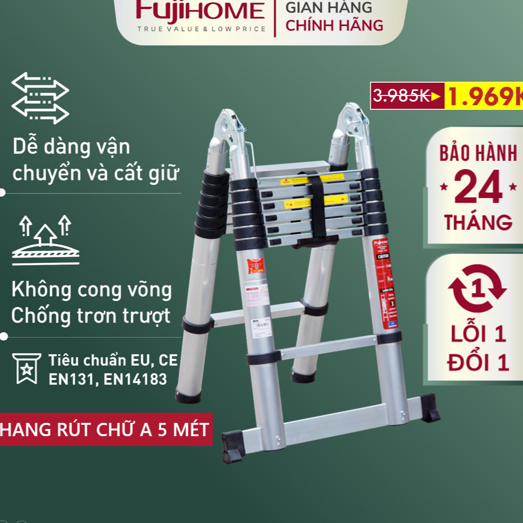 Thang nhôm rút chữ A Nhập Khẩu 4,4M - 5M gấp gọn chính hãng FUJIHOME, thang rút đôi chống trượt telescopic ladder