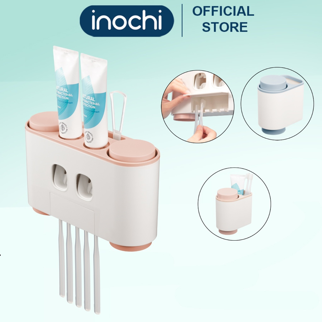 Bộ Nhả Kem Đánh Răng Tự Động Inochi - Kệ Treo Bàn Chải Lắp Đặt Dán Tường Gạch Men Kèm Cốc Hút Nam Châm
