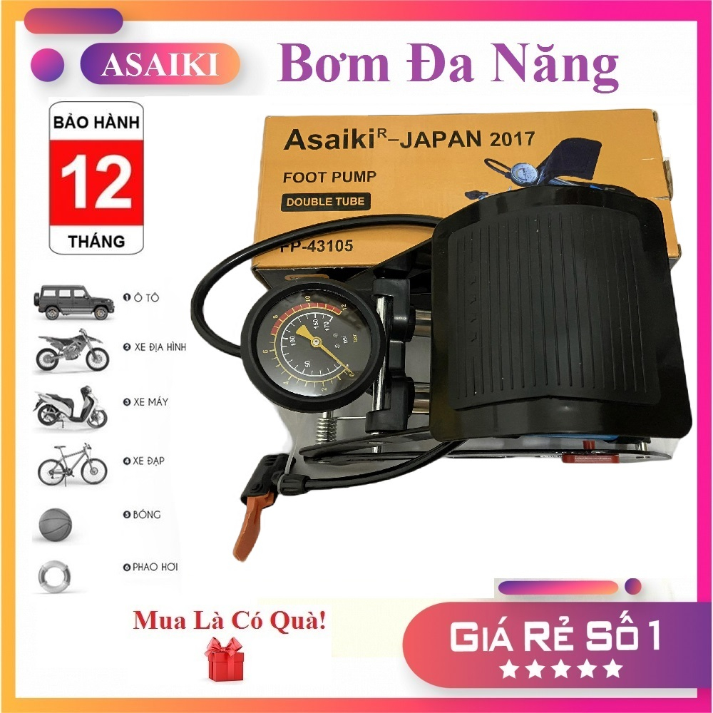 Bơm Hơi Xe Máy Xe Đạp Ô Tô Đạp Chân Đa Năng Mini 2 Xilanh / 1 Xilanh ASAIKI BlueBest Nhật