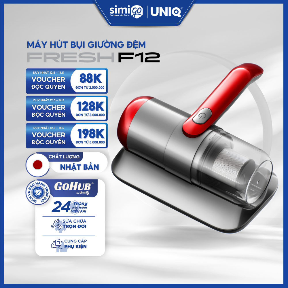 Máy hút bụi giường đệm nệm UNIQ Fresh F12 không dây đèn UV diệt sạch vi khuẩn ga sofa lông cao cấp cầm tay mini đa năng