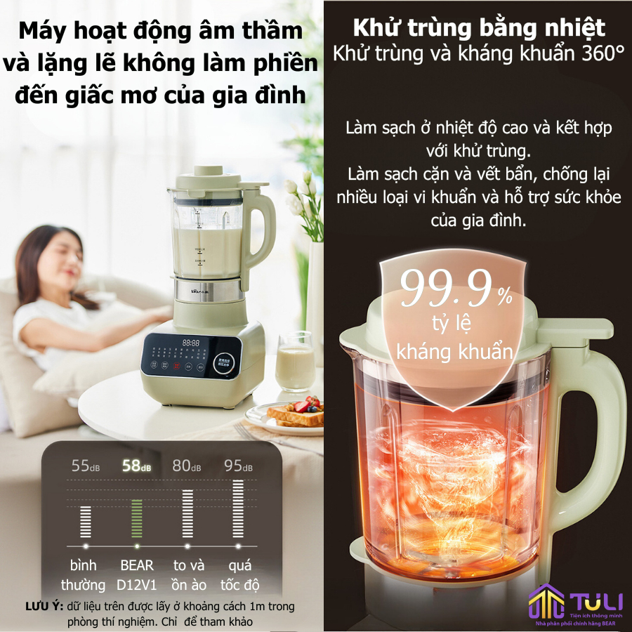 Máy làm, nấu sữa hạt đa năng BEAR D12V1 1.75L 1200W,xay sinh tố/nước ép/bột ngũ cốc, nấu cháo, sữa đậu nành, BH 18 tháng
