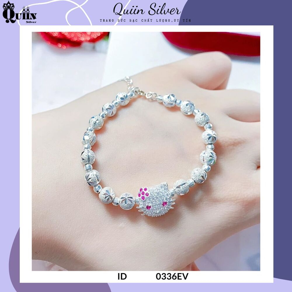 Vòng tay/Lắc tay bạc ta, bạc S925 Quiin - Lắc bi mix hình Hello Kitty dành cho bé gái 0336EV