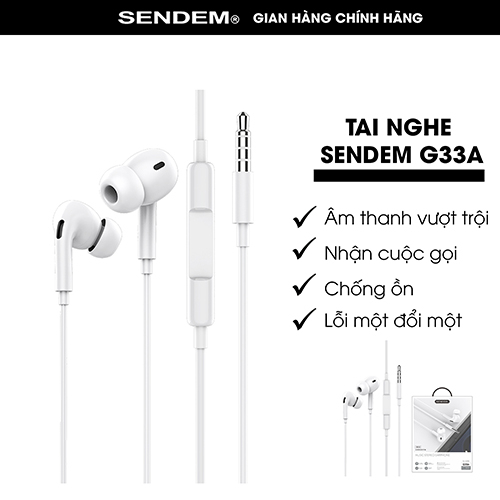 Tai Nghe Sendem G33A Chân 3.5mm , Tai Nghe Có Mic Đàm Thoại Có Núm Cao Su Chống Ồn G33A
