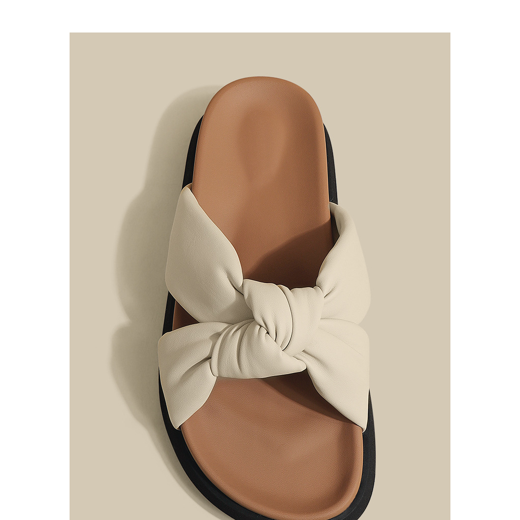 Dép sandal đế dày nơ chéo phong cách vintage tiêu thư hàn quốc hot trend mùa hè 2023 - kem, đe, - 3.5cm