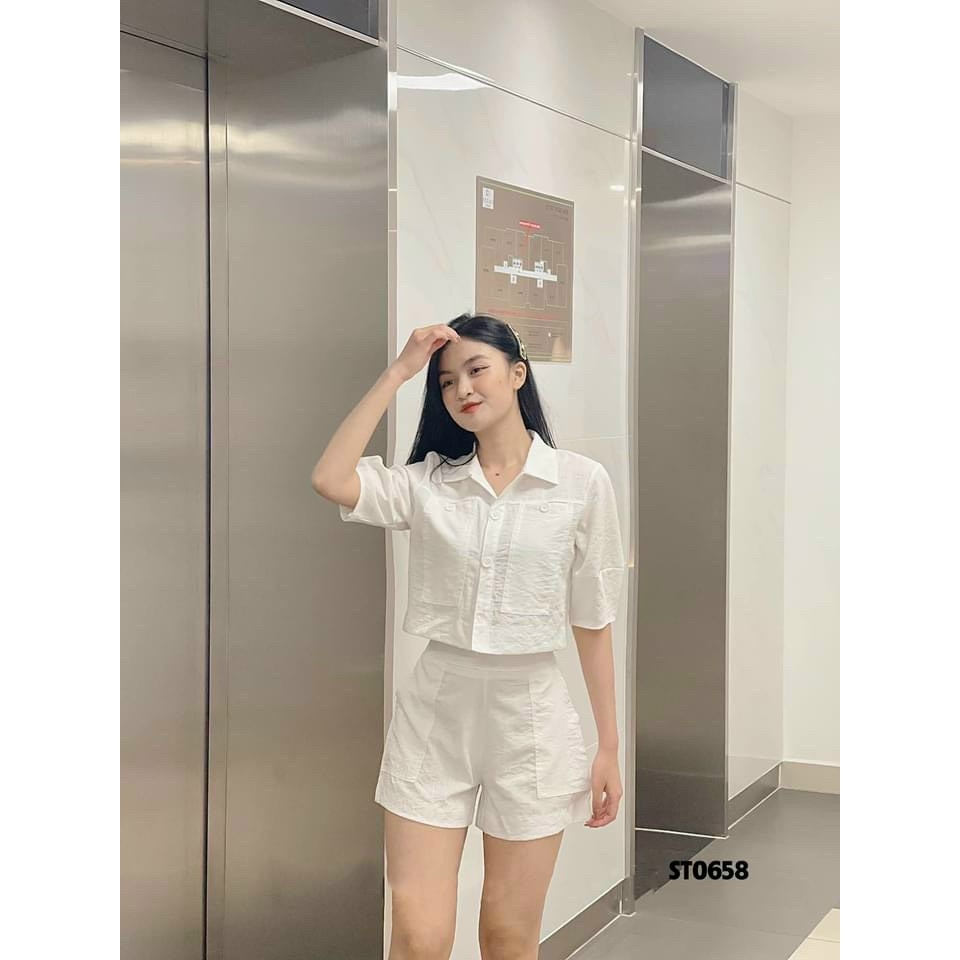 Sét Bộ Đùi Nữ Chất Đũi Mềm Mát,Bộ Sơ Mi Croptop Quần Cạp Cao Có Túi,Bộ Nữ Dạo Phố Mặc Nhà Siêu Xinh