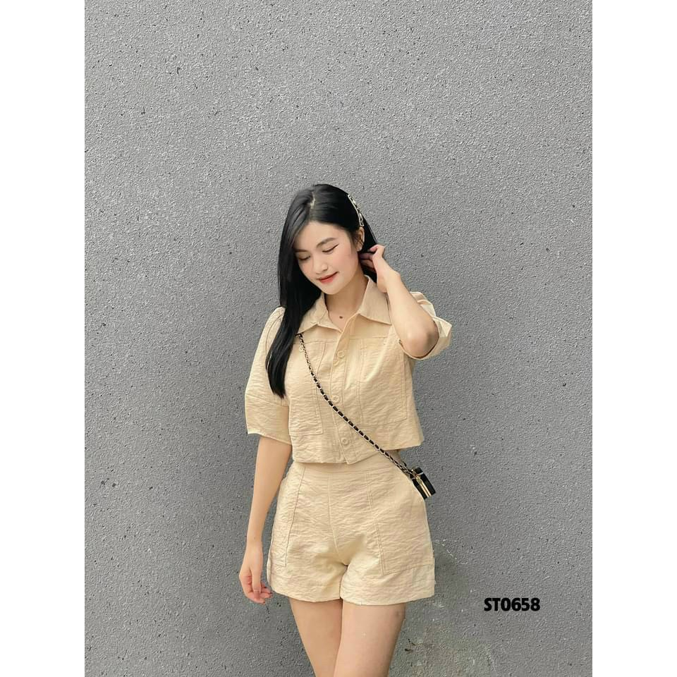 Sét Bộ Đùi Nữ Chất Đũi Mềm Mát,Bộ Sơ Mi Croptop Quần Cạp Cao Có Túi,Bộ Nữ Dạo Phố Mặc Nhà Siêu Xinh