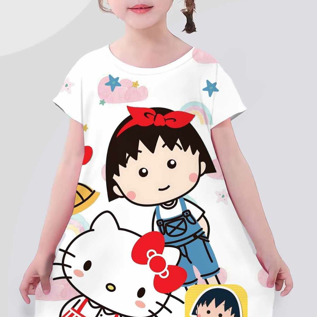 Đầm bé gái thun lạnh in 3D hình Hello kitty & Maruko KUNKUN KID D1050 - Đầm trẻ em size đại từ 10-40kg
