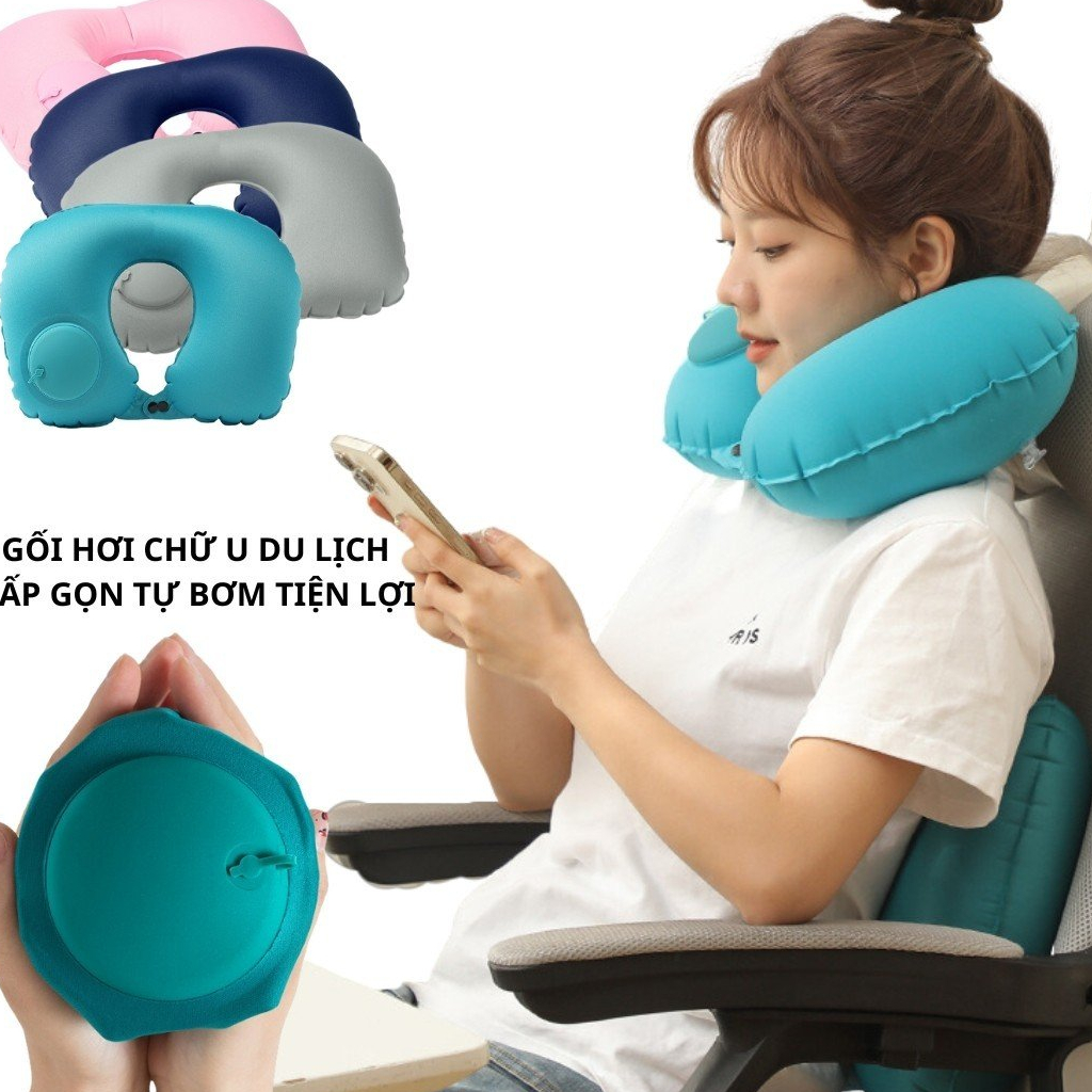 Gối hơi chữ U du lịch gấp gọn tự bơm tiện lợi