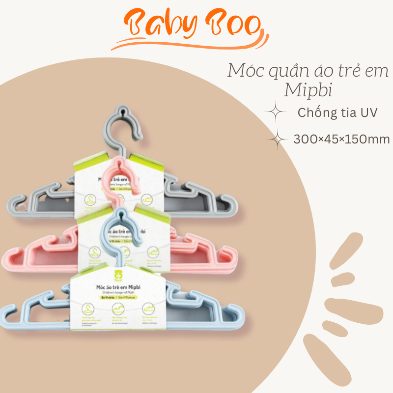 Móc quần áo trẻ em, set 10 chiếc, móc nhựa treo đồ em bé đa năng Mipbi cao cấp, tiện dụng Babyboo