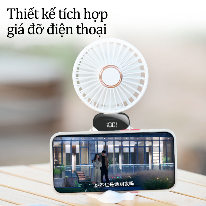 Quạt Cầm Tay Mini Tích Điện Siêu Mát Có Đế Để Bàn Kiêm Giá Đỡ Điện Thoại Pin Trâu 6000mAh 5 Cấp Độ Tặng Viên Thơm & Dây