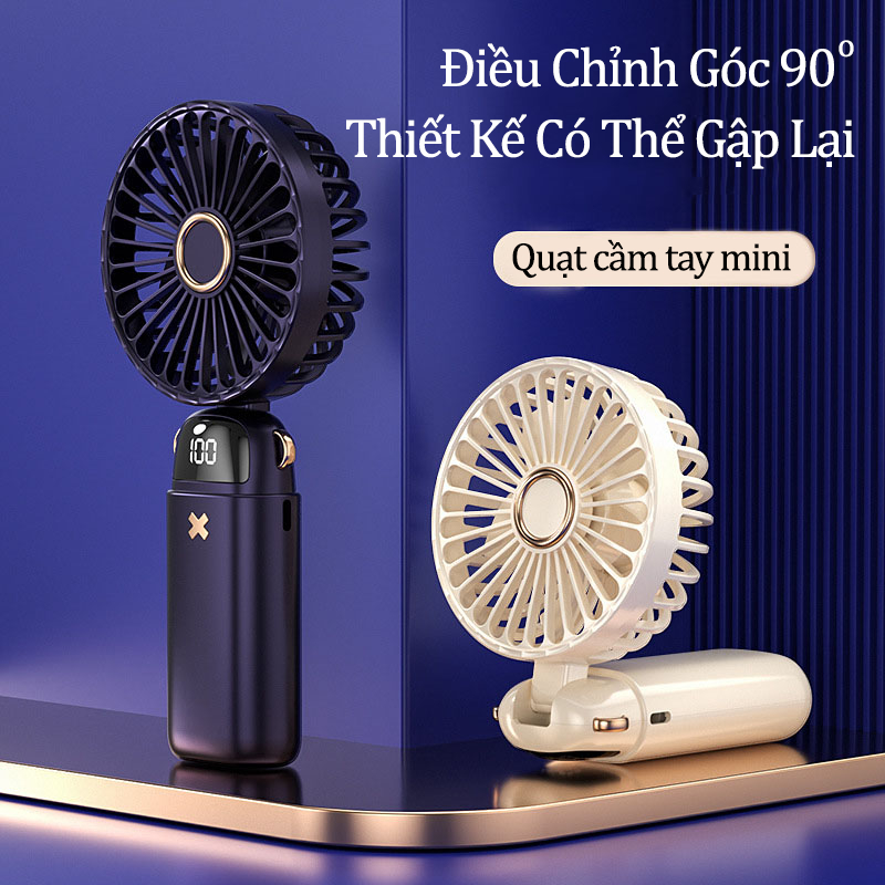 Quạt Cầm Tay Mini Tích Điện Siêu Mát Có Đế Để Bàn Kiêm Giá Đỡ Điện Thoại Pin Trâu 6000mAh 5 Cấp Độ Tặng Viên Thơm & Dây