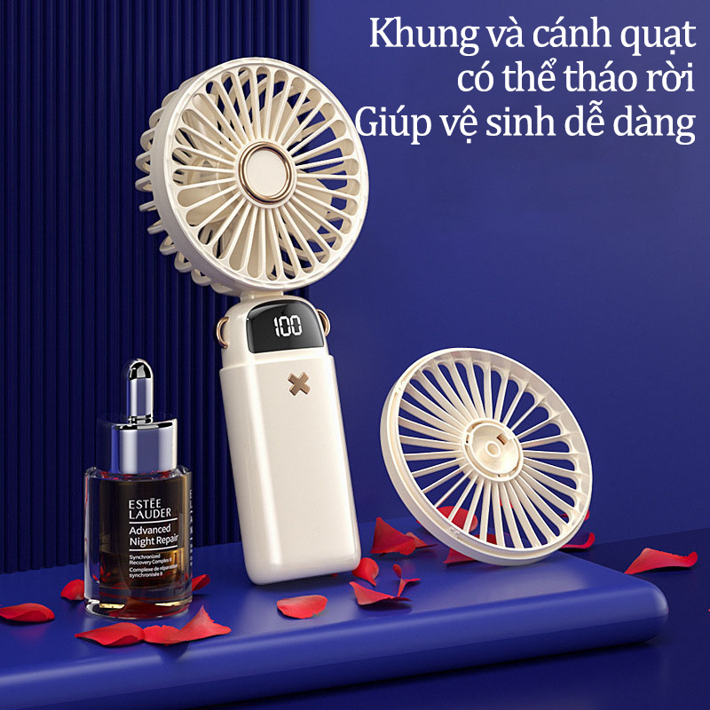 Quạt Cầm Tay Mini Tích Điện Siêu Mát Có Đế Để Bàn Kiêm Giá Đỡ Điện Thoại Pin Trâu 6000mAh 5 Cấp Độ Tặng Viên Thơm & Dây