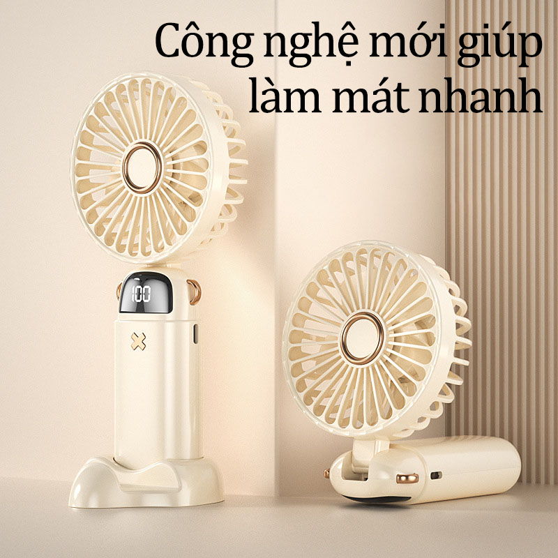 Quạt Cầm Tay Mini Tích Điện Siêu Mát Có Đế Để Bàn Kiêm Giá Đỡ Điện Thoại Pin Trâu 6000mAh 5 Cấp Độ Tặng Viên Thơm & Dây