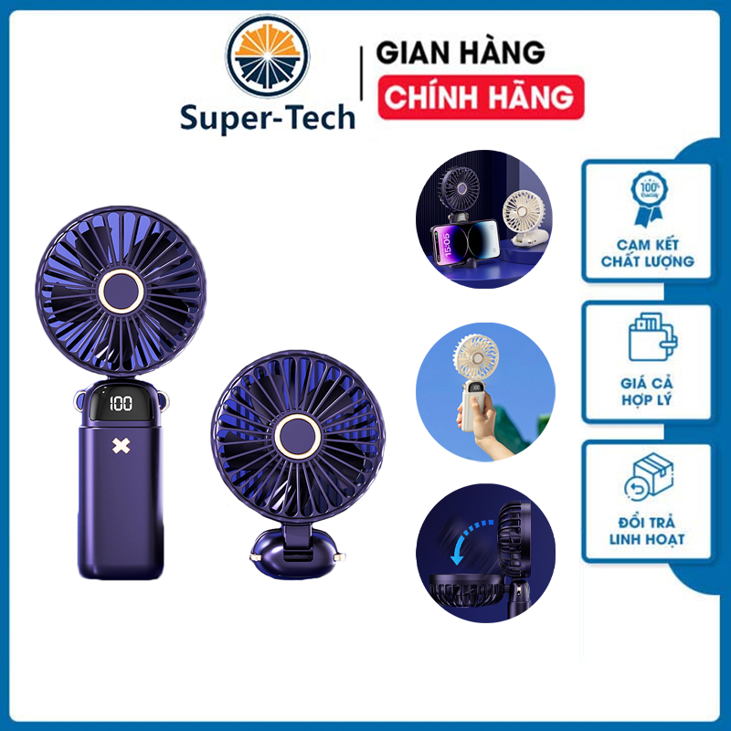 Quạt Cầm Tay Mini Tích Điện Siêu Mát Có Đế Để Bàn Kiêm Giá Đỡ Điện Thoại Pin Trâu 6000mAh 5 Cấp Độ Tặng Viên Thơm & Dây