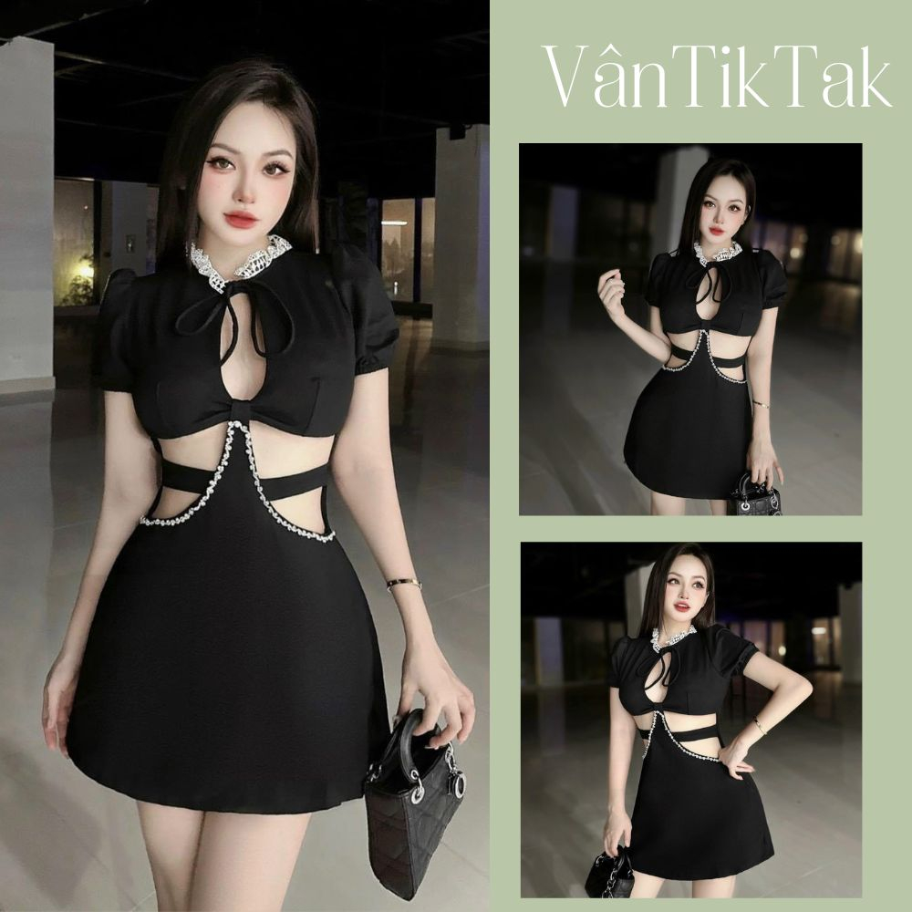 Đầm Xoè Tay Phồng Khoét Eo Đính Đá Ren Cổ, Váy Nữ Dự Tiệc Sang Chảnh Thiết Kế Cao Cấp