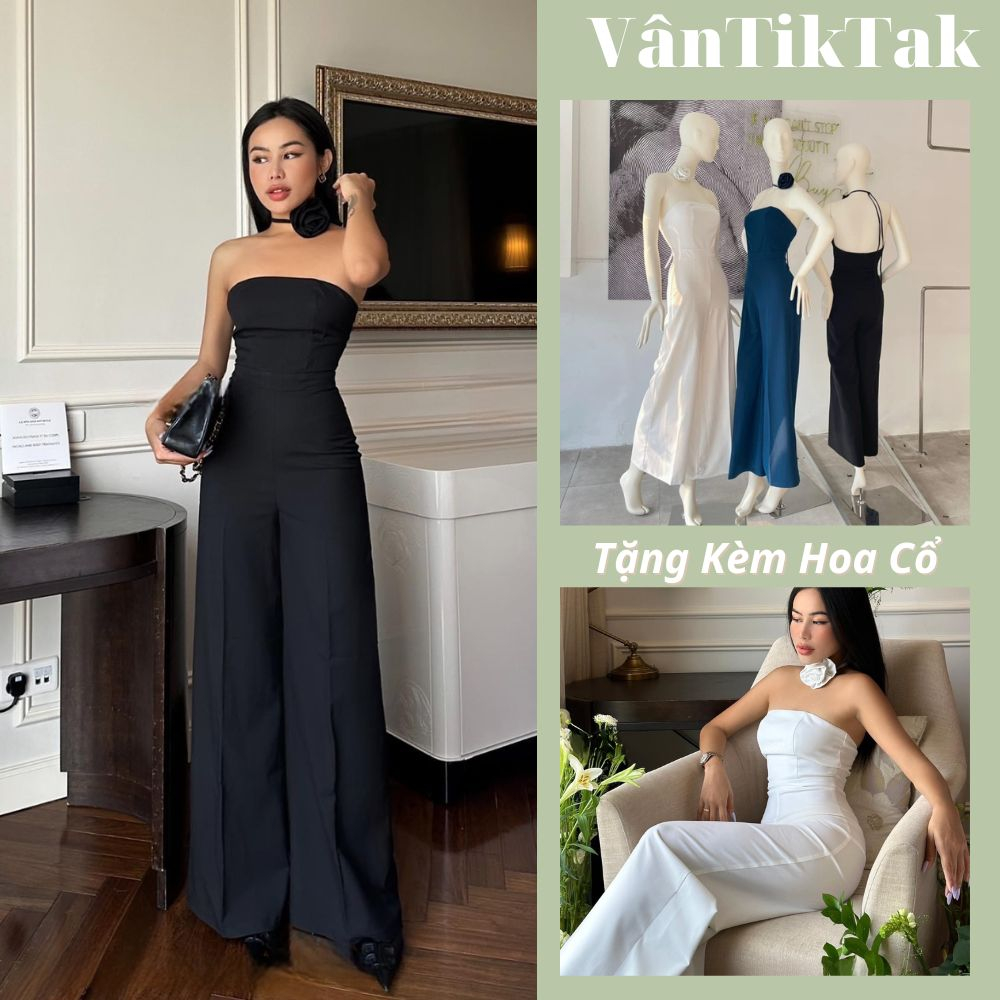 Jumpsuit nữ dài ống rộng, Đồ bay yếm cup ngực hở lưng kèm hoa cổ cotton thiết kế trắng đen