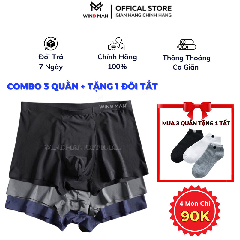 Combo 3 Quần Lót Nam Boxer Thun Lạnh Windman Chất Đúc Su Siêu Mỏng Kháng Khuẩn Co Dãn 4 Chiều
