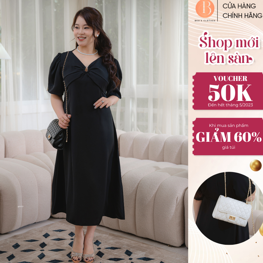 Váy tiểu thư bigsize cách điệu tay ngắn đính ngọc trai nhân tạo, dáng xoè rộng, đi dự tiệc, vải sợi Polymer mềm - KMB3
