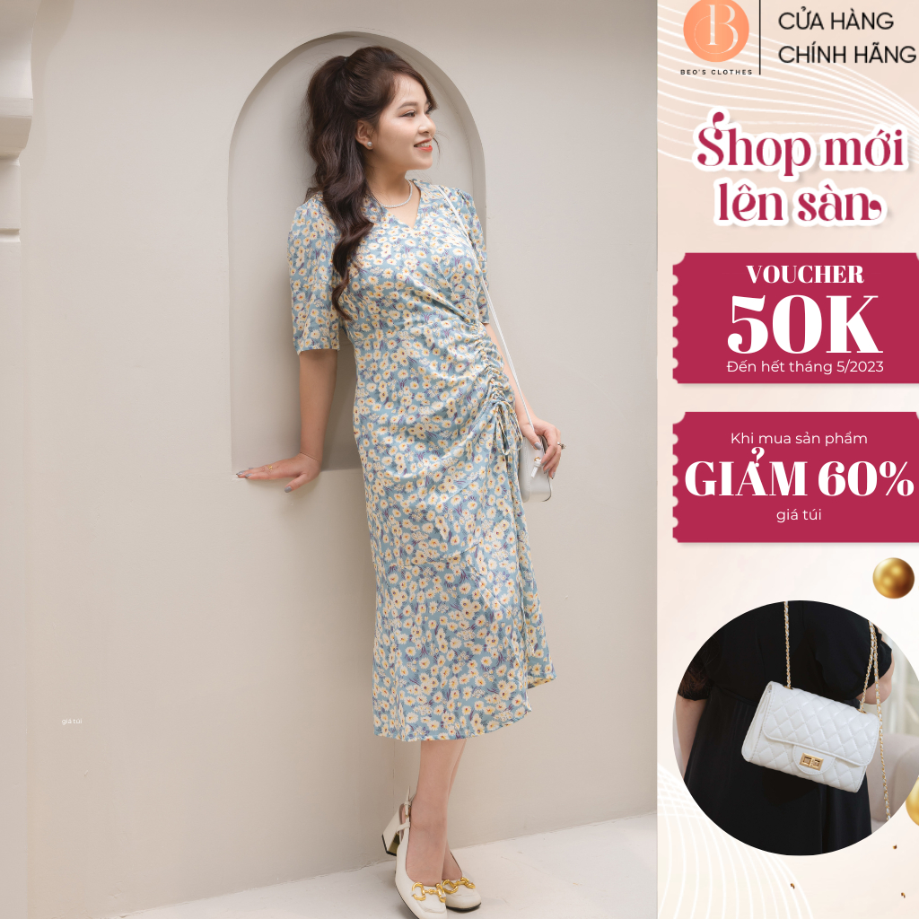 Váy tiểu thư bigsize dáng dài ôm eo cổ chữ V, xẻ tà hoạ tiết hoa nhí trắng phong cách vintage sang chảnh - KMB2