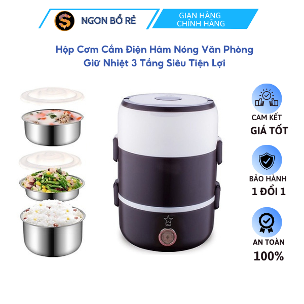 Cặp Lồng Cắm Điện 3 Tầng - Cặp Lồng Ủ Cơm, Giữ Nóng Thức Ăn Ruột Inox, Hộp Cơm Cắm Điện Văn Phòng 3 Tầng