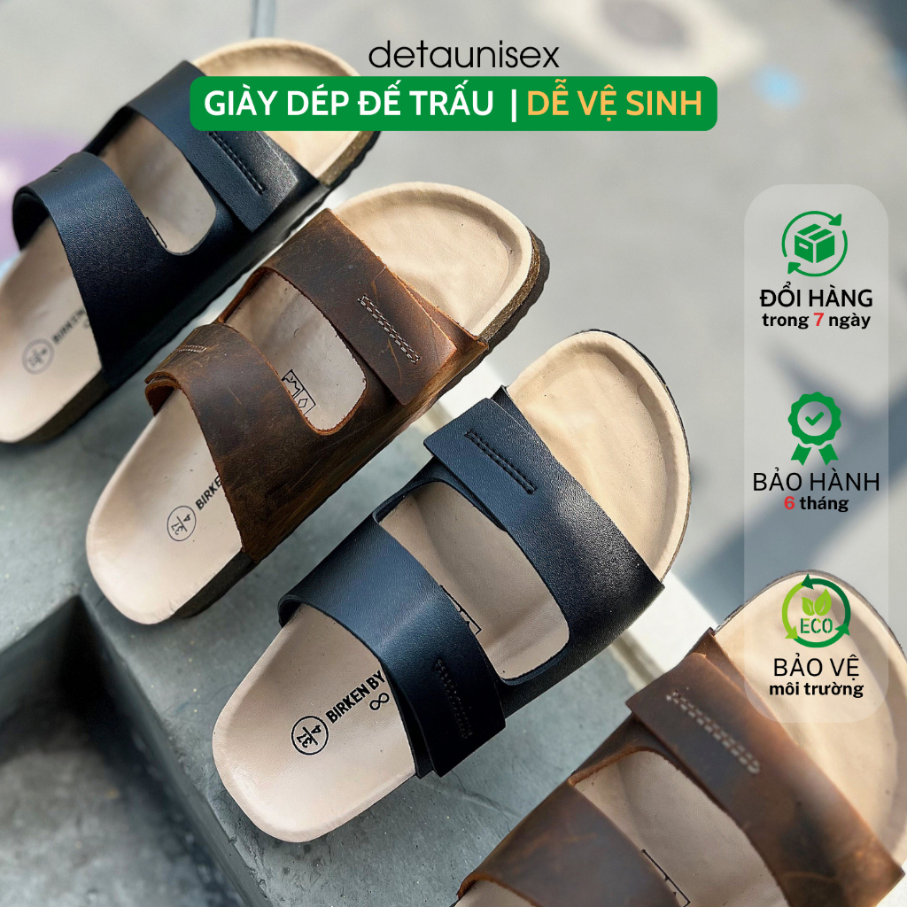 Dép Birken đế trấu nam da bò thật 2 quai ngang Detaunisex lót si kem - DEBO25