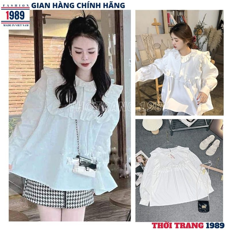 Áo sơ mi nữ dài tay, áo babydoll kiểu tay bồng cổ bèo màu trắng chất thô mềm A64 đi học đi chơi tiểu thư hàn quốc