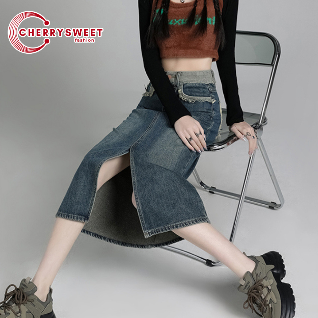 Chân váy jean dài xẻ tà nữ CHERRYSWEET dáng chữ a cạp cao tua rua chất bò xịn phong cách Hàn Quốc dễ phối đồ T066-1