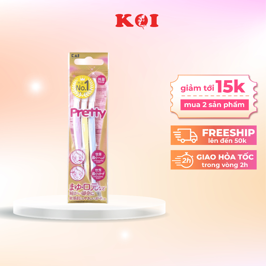 Set 3 dao cạo lông mày Kai Pretty lưỡi thép không gỉ, thân làm từ nhựa cao cấp