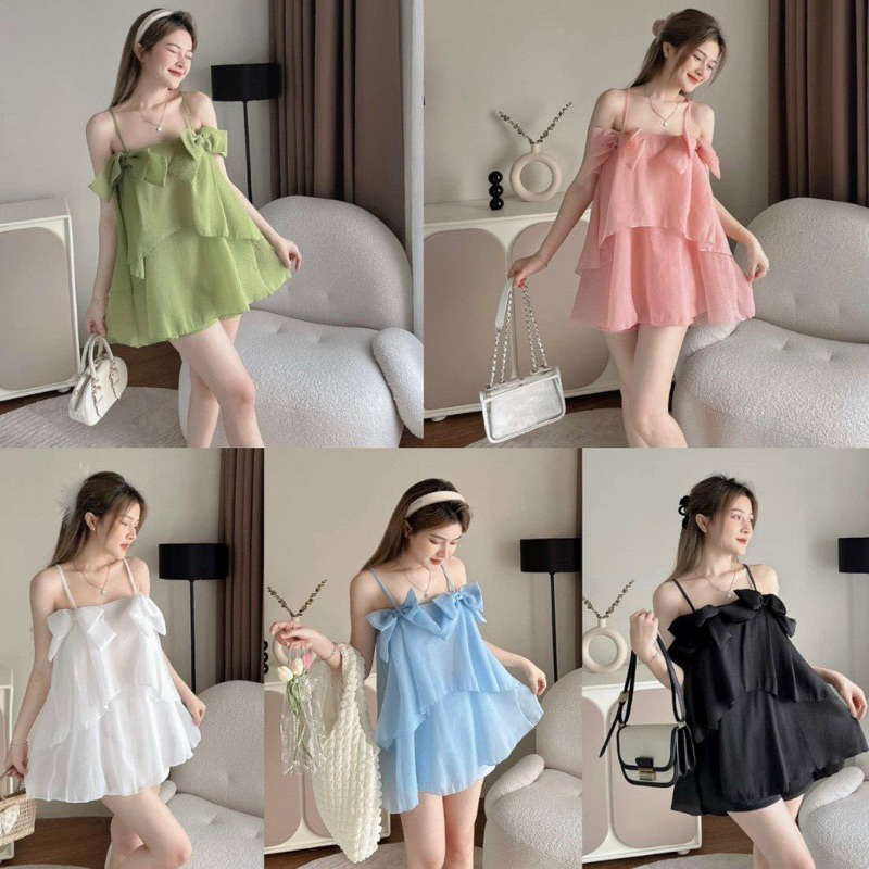 Set đồ bộ nữ áo hai dây mix nơ bèo tầng phối quần đùi xinh xắn dành cho các nàng đi dạo, mặc nhà siêu dễ thương VIP 188