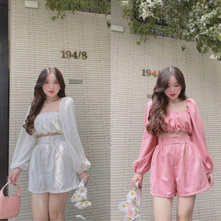 Sét bộ đồ nữ đi chơi kate áo xếp ly ngực ống tay dài phối quần ống rộng ngắn siêu đáng yêu M751 - yado