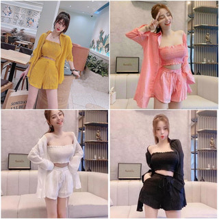 Set áo 3 món đi biển, set bộ chất đũi xốp nhẹ áo tay cup ngực may nhún dày dặn co dãn, quần dáng chữ A ống rộng M749