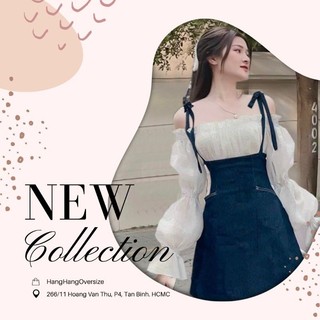 Set bộ denim : áo trễ vai tay phồng + váy jean
