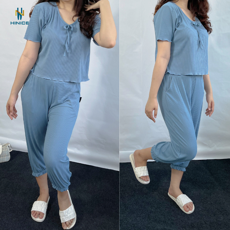 B01- 40-100kg Bộ đồ mặc nhà cộc tay nữ form rộng- set bộ cao cấp trơn áo croptop phối nơ, quần đùi đi chơi hè bigsize