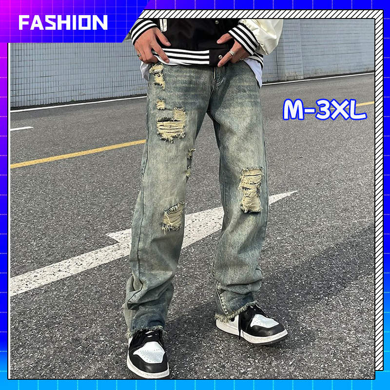 Quần jean nam ống rộng màu bạc rêu rách thời trang (M-3XL) Quần jean nam rách gối hiphop